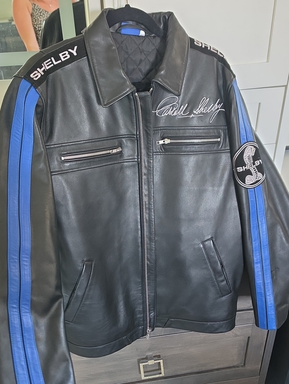 Shelby Black Leather Bomber Jacket with Blue Racing Stripes